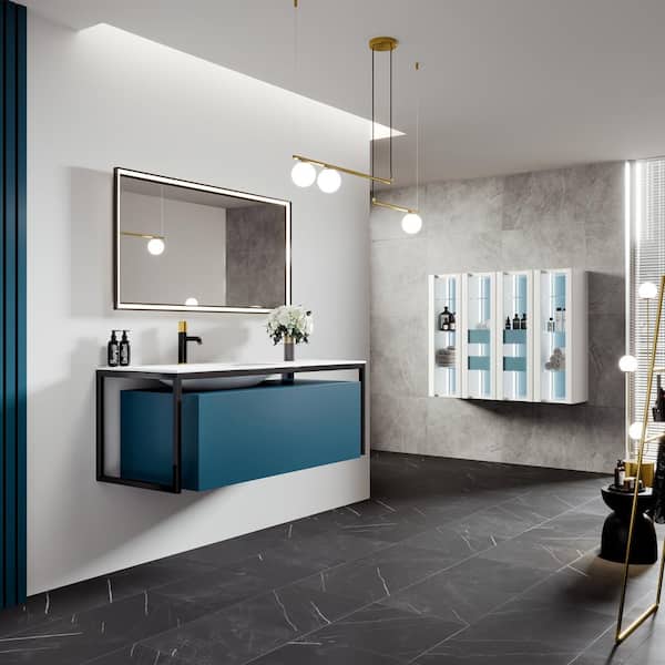 Eviva Modena 51 in. W x 18 in. D Blue Wallmount Bathroom Vanity with White Solid Surface Integrtated Sink Top
