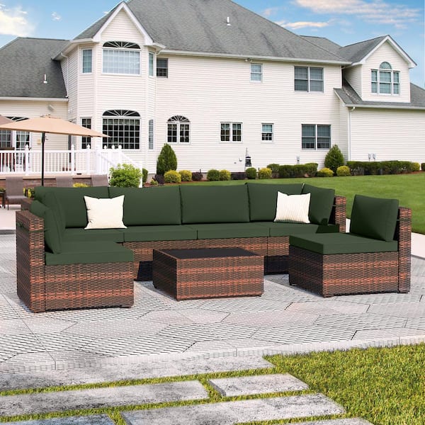 UPHA 7-Piece Wicker Patio Conversation Sectional Seating Set with Dark Green Cushions