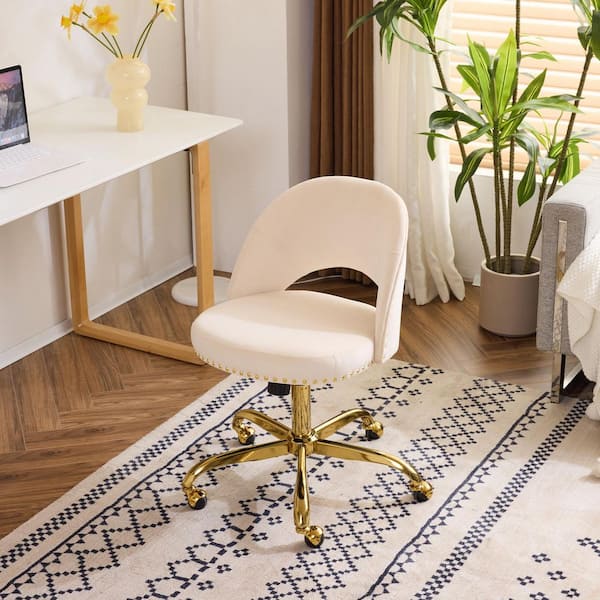 Velvet Fabric Swivel Task Chair in Beige with Armless