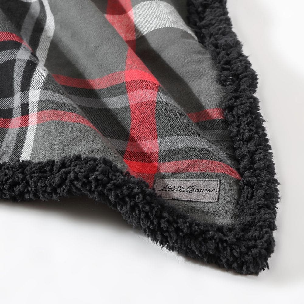 Gray and Red Plaid Sherpa Fleece Reversible Throw Blanket, 50"x60"