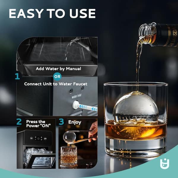 EUHOMY - 12.6 in. 22 lbs. Whiskey Ball Shaped Cocktail Ice Portable Countertop Ice Maker in Black with Auto-Cleaning
