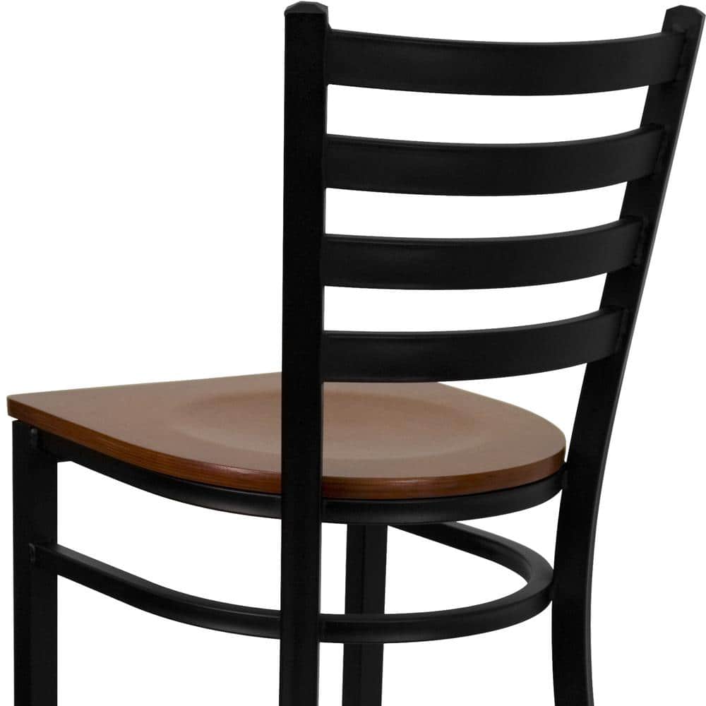 Elegant Ladder Back Black Metal Barstool with Cherry Wood Seat