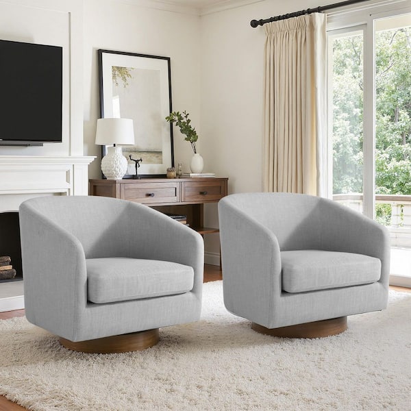 Light Gray Cotton Line Upholstered 360° Swivel Arm Chair With Wood Base (Set of 2)