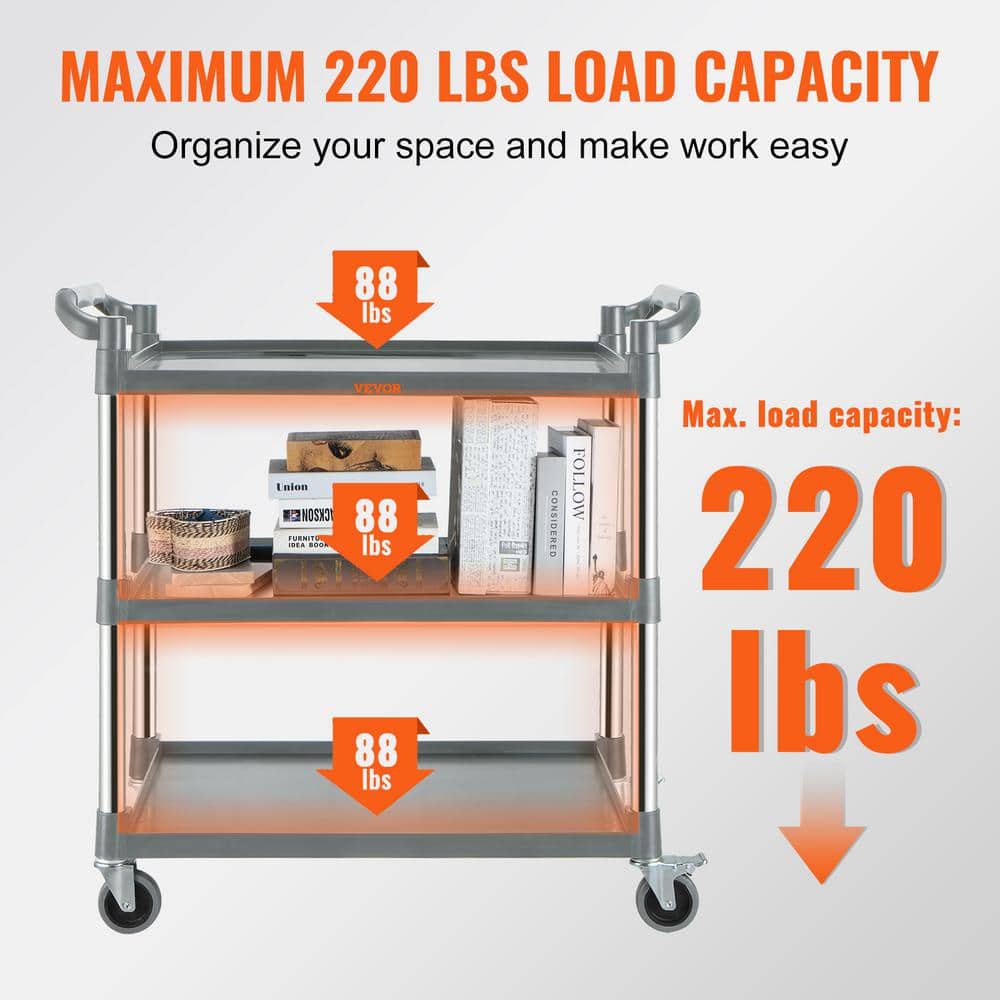 Gray 3-Shelf Heavy Duty Rolling Utility Cart with Lockable Wheels