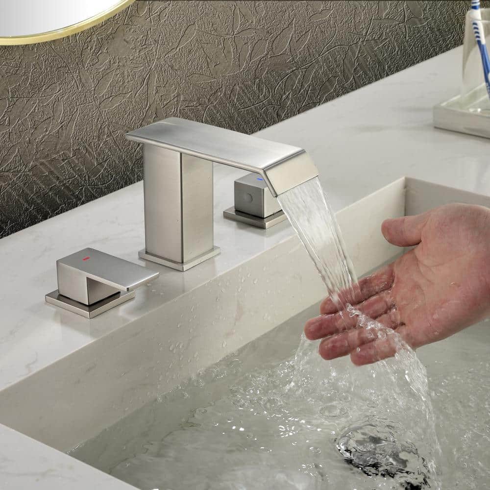 Brushed Nickel 8-Inch Widespread Waterfall Bathroom Faucet