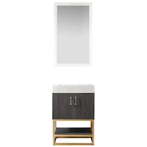 Alistair 24 in. W x 22 in. D x 33.9 in. H Single Sink Bath Vanity in North Black Oak w/ White Grain Stone Top and Mirror