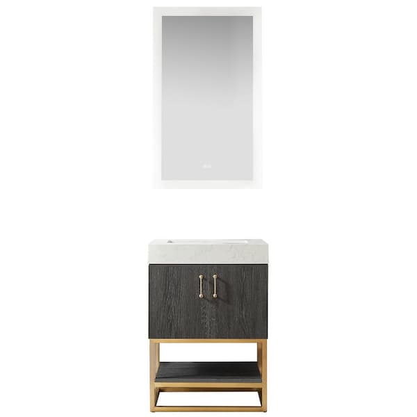 ROSWELL Alistair 24 in. W x 22 in. D x 33.9 in. H Single Sink Bath Vanity in North Black Oak w/ White Grain Stone Top and Mirror