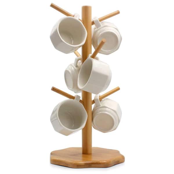 6-Hook Beige Mug Tree, Coffee Mugs and Tea Cup Storage Rack, Coffee Counter Bar Accessory and Kitchen Organizer