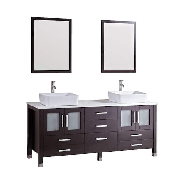 Kokols Duma 72 in. Double Bath Vanity in Espresso with Stone Vanity Top in White with White Basin and Mirror