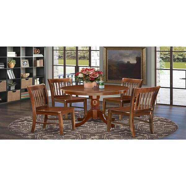 5-Piece Round Mahogany Finish Solid Wood Top Dining table with 4-Chairs with Lattice Back
