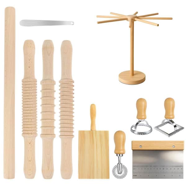 Wooden Pasta Making Kit w 3 Size Threaded Rolling Pins, Rotatable Drying Rack, Gnocchi Board, Dough Cutter, 2 Stamps
