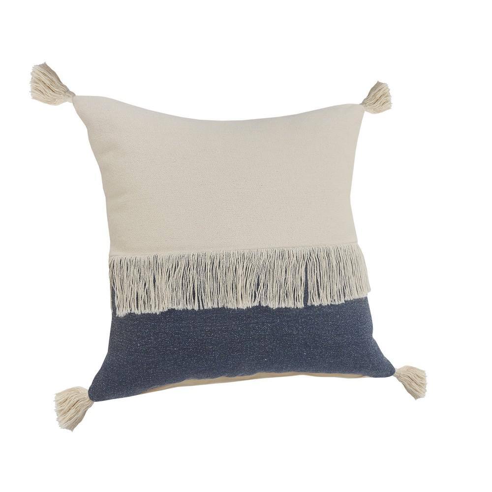Denim Blue and Off-White Cotton Color Block Square Throw Pillow, 20" x 20"