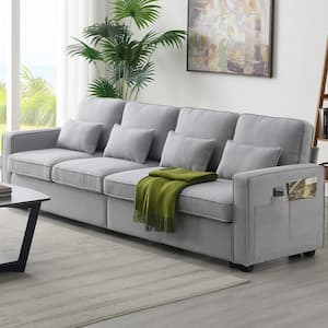 104 in. Modern Square Arm Polyester Rectangle Sectional Sofa in Light Gray with Armrest Pockets and 4-Pillows