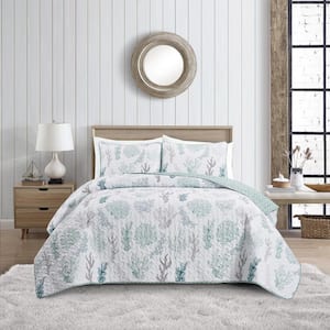 Coral Collection Green Full/Queen Microfiber Quilt Set