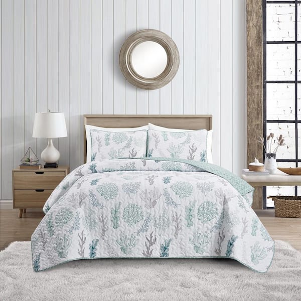 VIDERI HOME Coral Collection Green Full/Queen Microfiber Quilt Set