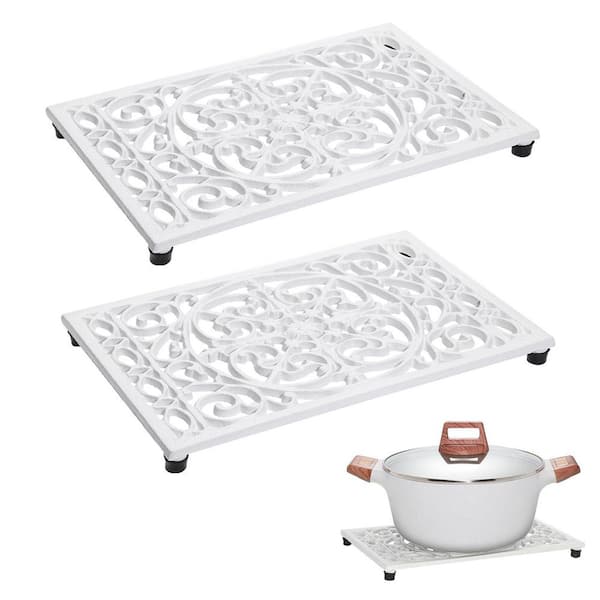 Cast Iron White Multi-Functional Trivet with Non-Slip Rubber Feet for Kitchen Countertop, Dining Table (Set of 2)