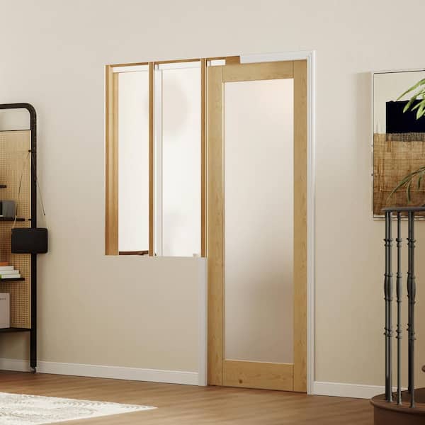 30 in. x 80 in. Full Lite, Pre-Assembled Panel, Tempered Frosted MDF, Light Brown Primed Pocket Door Frame with Hardware