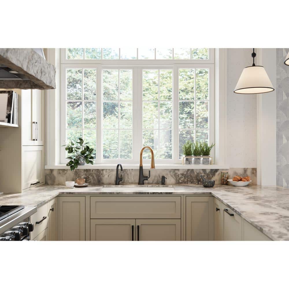 Matte Black and Brass Pull Down Kitchen Faucet with Spray
