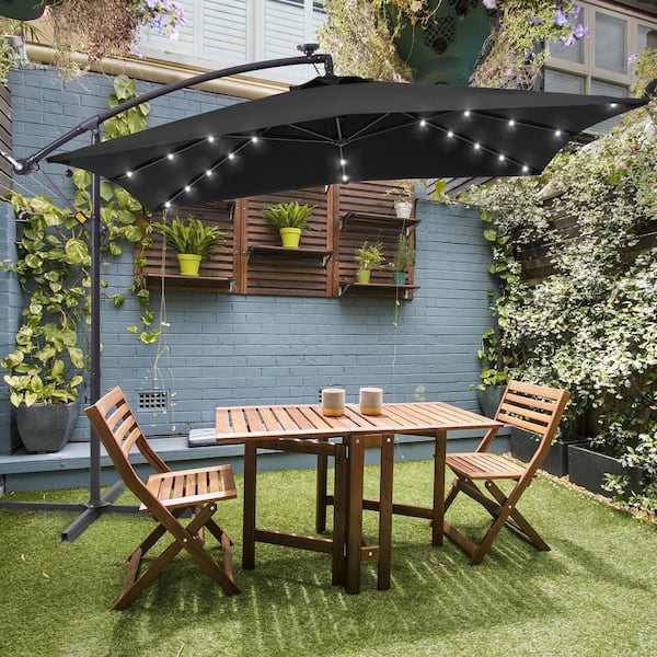 JOYESERY 8.2 ft. Solar LED Steel Pole and Ribs Square Outdoor Cantilever Offset Hanging Patio Umbrellas in Black