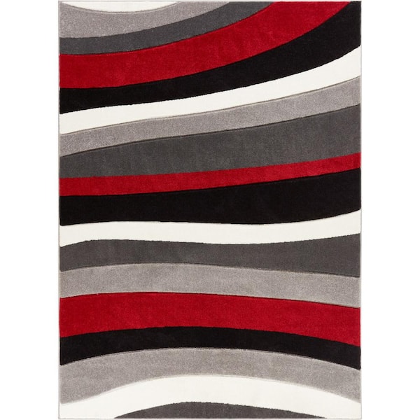 Well Woven Ruby Rad Waves 4 ft. x 5 ft. Modern Geo Stripes Red Area Rug