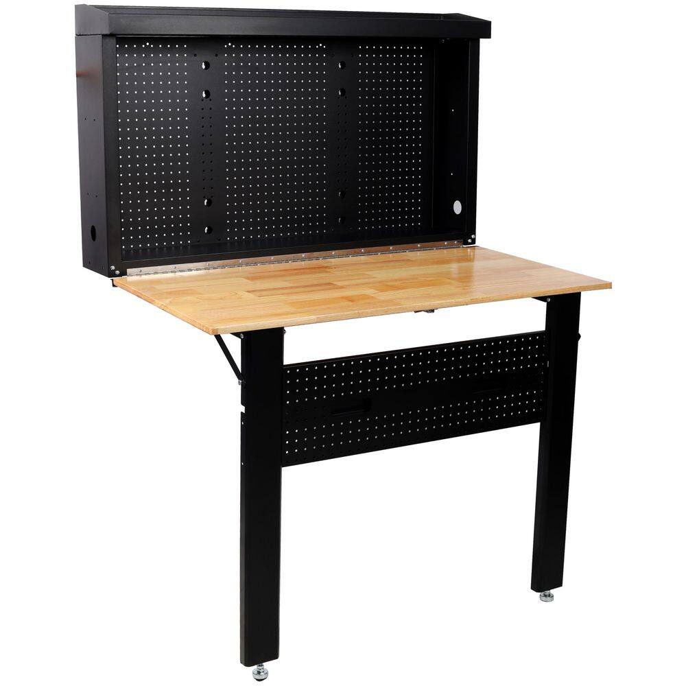 47.2 in. W x 32.5 in. D Wall Mounted Foldable Black Workbench Table with Rubber Wood Top and Pegboard price history on PriceWatchPro