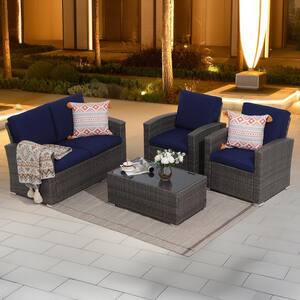 Joivi 4-Piece Grey Wicker Outdoor Conversation Set with Navy Blue Cushions