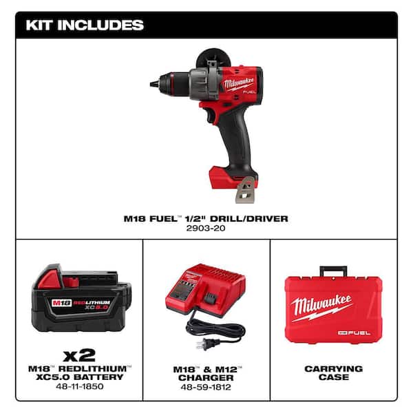 M18 FUEL 18V Lithium-Ion Brushless Cordless 1/2 in. Drill/Driver Kit W/(2) 5.0Ah Batteries, Charger, and Hard Case