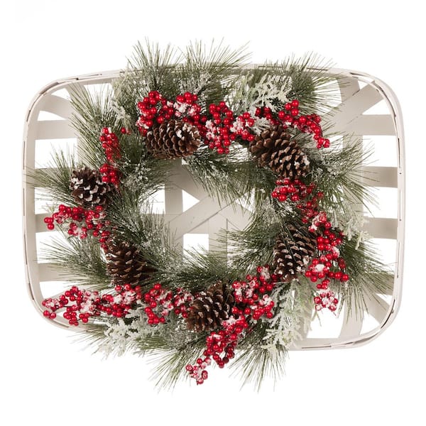 Glitzhome 24 in. Artificial Dia Flocked Pinecone and Berry Wreath with Wooden Tobacco Basket