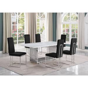 Lisa 7-Piece Rectangle White Marble Top Stainless Steel Base Dining Set With 6-Black Velvet Chrome Iron Leg Chairs