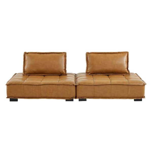 MODWAY Saunter 94 in. Tan Tufted Faux Leather Faux Leather 2-Piece Loveseat
