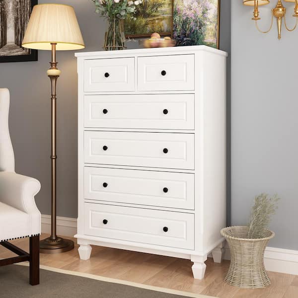 FUFU&GAGA 6-Drawers White Wood Storage Cabinet with Anti Tipping Device and Wooden Legs 47.4 in. H x 31.5 W x 15.7 D