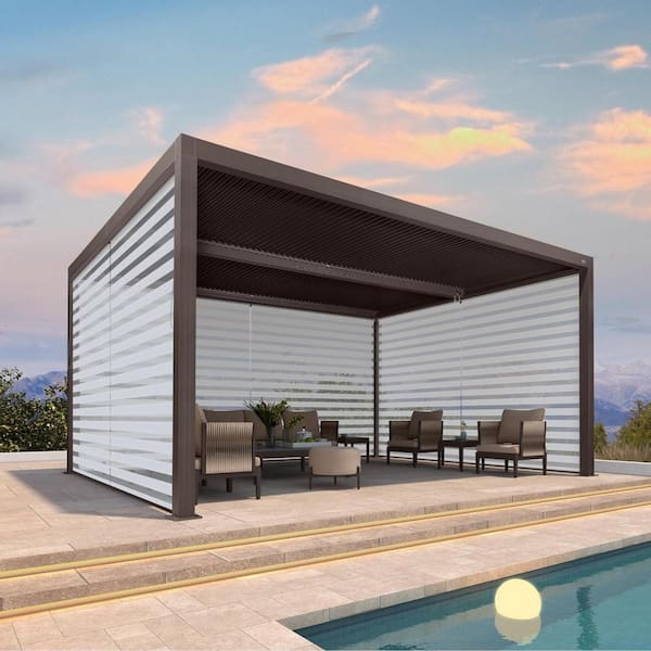 PURPLE LEAF 12 ft. x 16 ft. Bronze Aluminum Louvered Pergola with Adjustable Rainproof Roof and 1-Long 2-Short Side Roller Shade