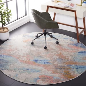 Skyler Collection Beige Blue/Pink 7 ft. x 7 ft. Abstract Striped Round Area Rug