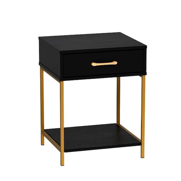 FUFU&GAGA Black Wooden Standard Nightstand, End Table with 1 Drawer and Open Shelf, 17.7 in. W x 15.7 in. D x 22.8 in. H