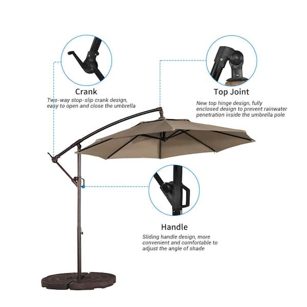 10 ft. Steel Pole Patio Cantilever Umbrella 2-Way Stop Slip Crank Design Outdoor Market Umbrella in Tan
