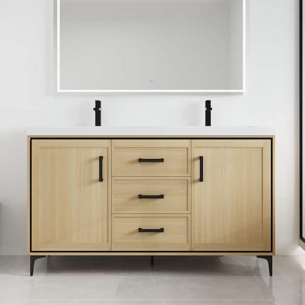 59.06 in. W x 19.69 in. D x 35.06 in. H Freestanding Bath Vanity in Light Oak with White Resin Vanity Top
