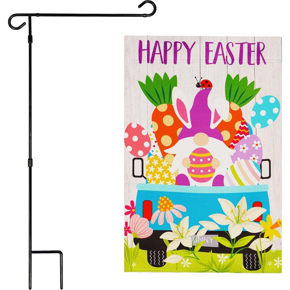 1 ft. x 1.5 ft. Polyester Rabbit Gnome in Truck 2-Sided Garden Flag Blockout with 36 in. Black Iron Garden Stand price history on PriceWatchPro