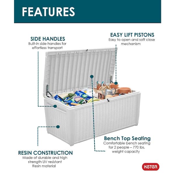 Sumatra 135 Gal. White Large Resin Deck Box for Patio Garden Furniture, Outdoor Storage Container