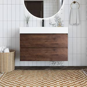 36 in. W x 18 in. D x 25 in. H Single Sink Wall Mounted Bath Vanity with White Cultured Marble Top in Walnut