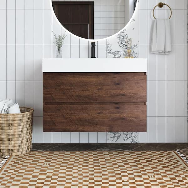 Unbranded 36 in. W x 18 in. D x 25 in. H Single Sink Wall Mounted Bath Vanity with White Cultured Marble Top in Walnut