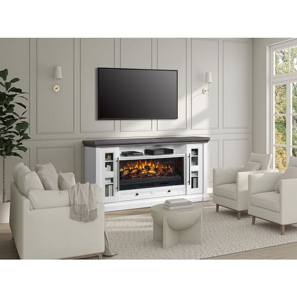 Whalen 74 in. Fireplace Console-Pure White Finish and Medium Brown