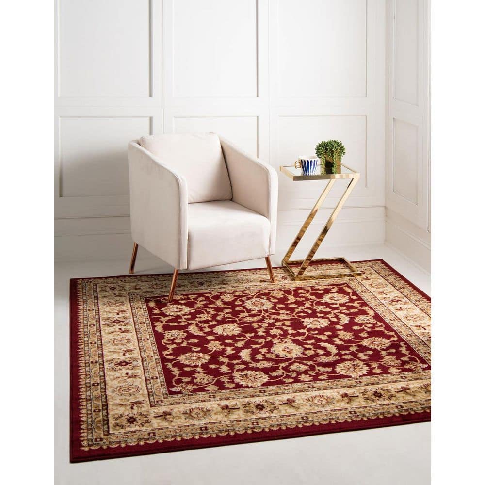 Elegant Red Square Synthetic Floral 8' Indoor Area Rug