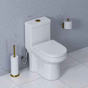 1-piece 0.8/1.28 GPF High Efficiency Dual Flush Round Toilet in White with Seat Included and Brushed Gold Button