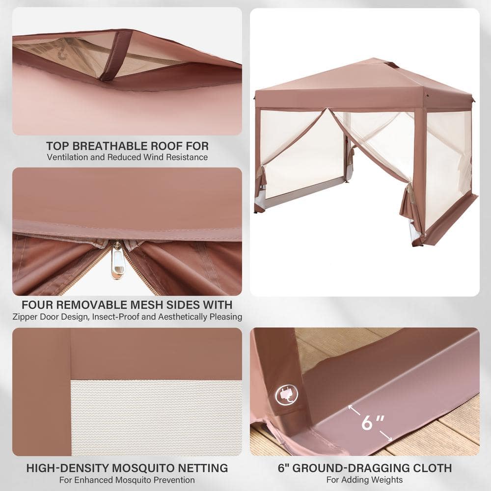 10' x 10' Brown Pop-Up Canopy Tent with Netting and Carry Bag