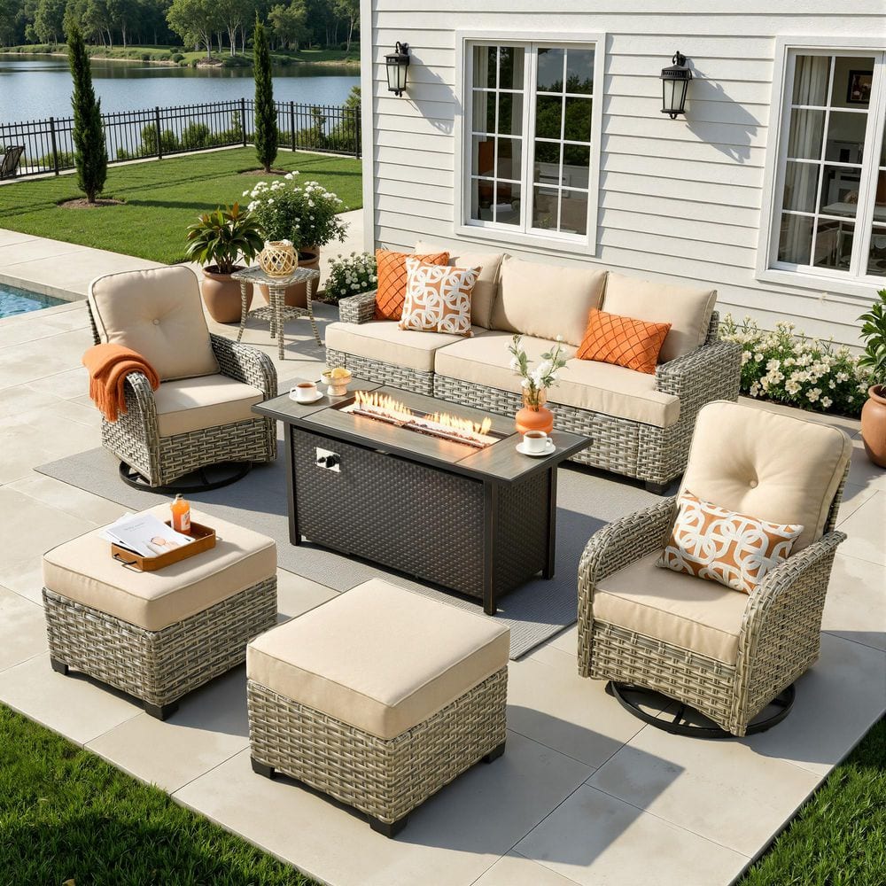Kelleys 9-Piece Wicker Modern Outdoor Patio Fire Pit Conversation Sofa Set with Swivel Chairs and Beige Cushions