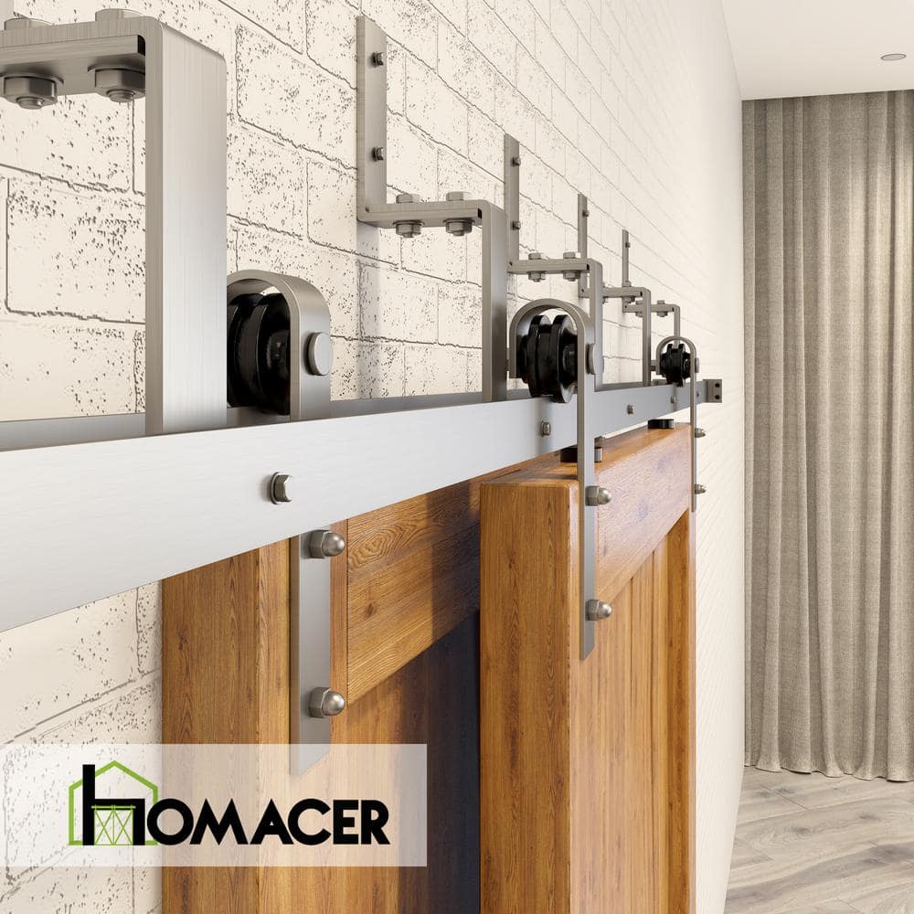 Brushed Nickel Double Track Bypass Sliding Barn Door Hardware Kit, 10ft