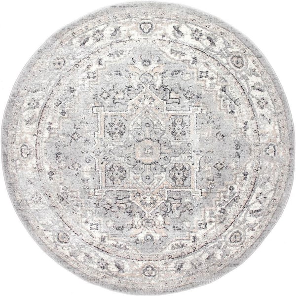 Essa Vintage 6 ft. x 6 ft. Light Gray Round Area Rug