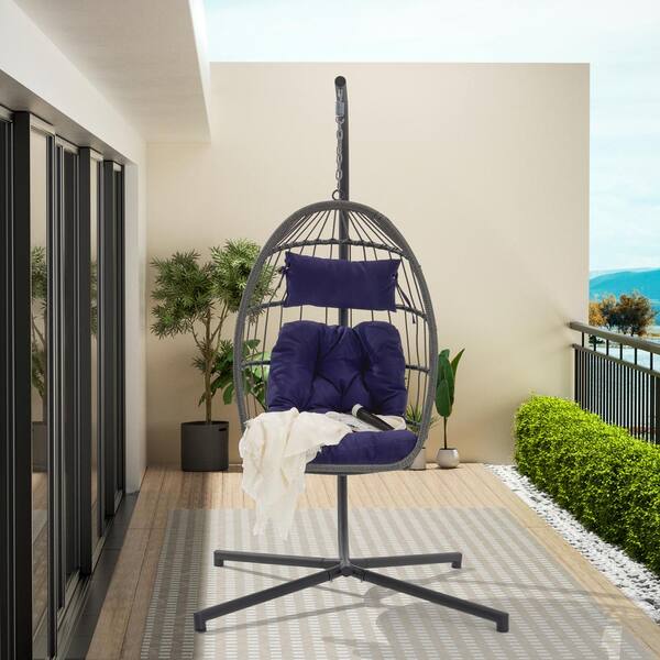 Unbranded Outdoor Garden Rattan and Metal Egg Swing Chair Hanging Chair With Dark Blue Cushion