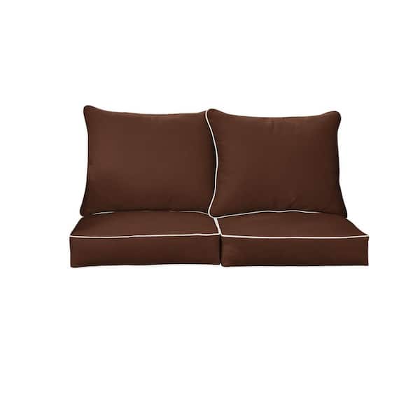 SORRA HOME 25 in. x 25 in. Sunbrella Canvas Bay Brown and Natural Deep Seating Indoor/Outdoor Loveseat Cushion