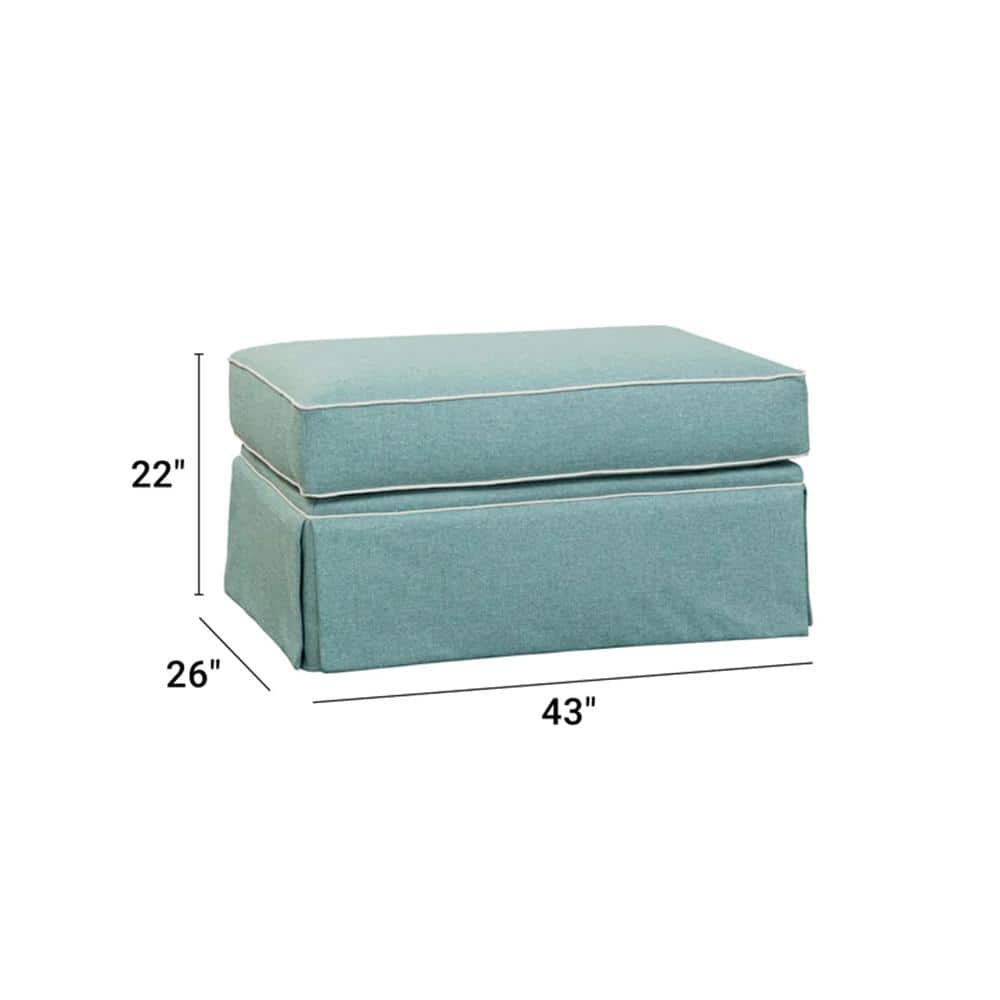 Aqua and Ivory Upholstered Coastal Ottoman with Skirt